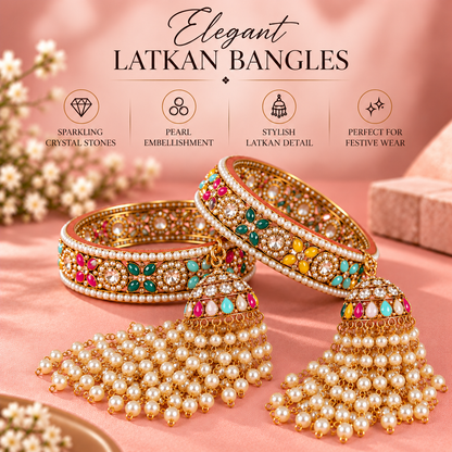 Premium AntiqueMulti Pearl-Studded Kundan Kada Bangles with Latkan - Set Of 2