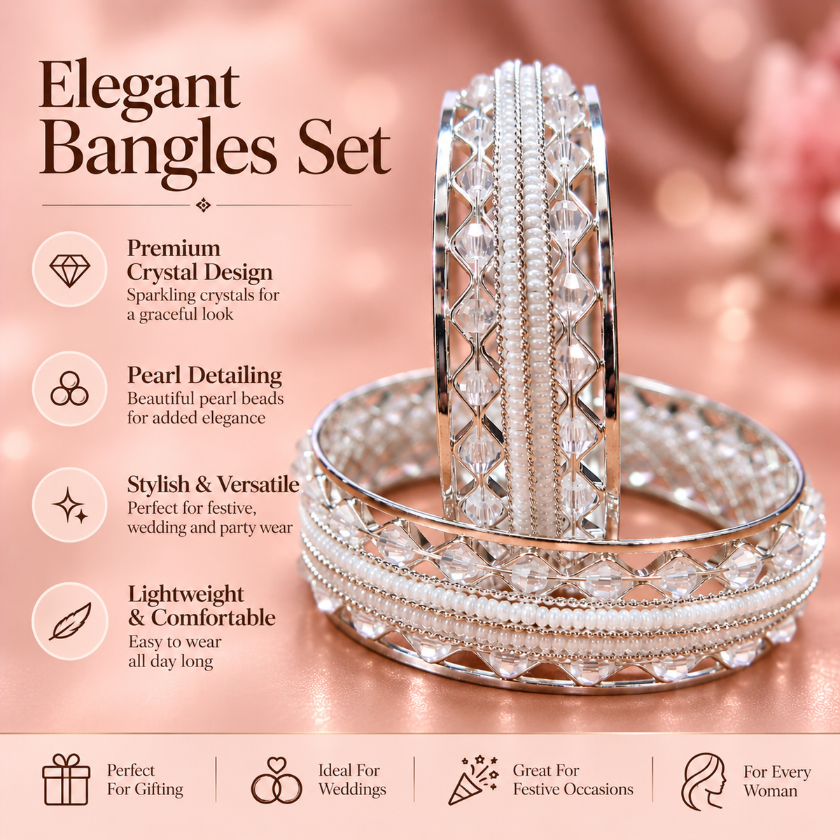 Designer Silver Plated Alloy Bangles Set With Stones Pearl - Set Of 2