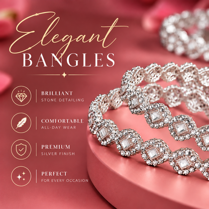 Royal Silver Designer Bangle Set With Stylish Pattern & Crystal Stones - Set Of 4