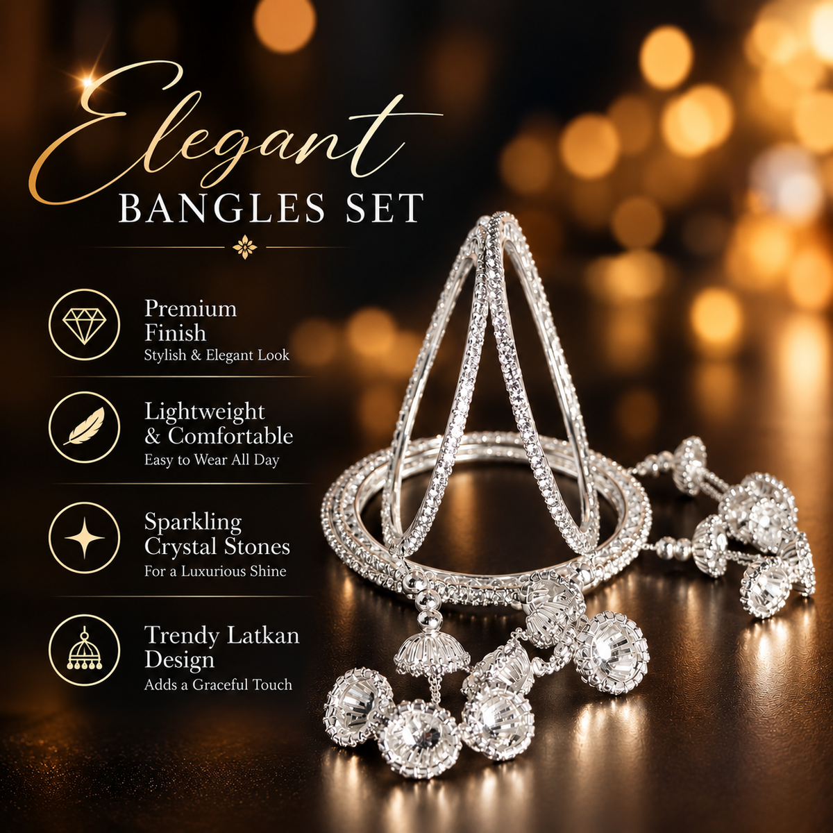 Premium Silver Plated Latkan Bangles Set with Golden Stone Work - Set Of 4