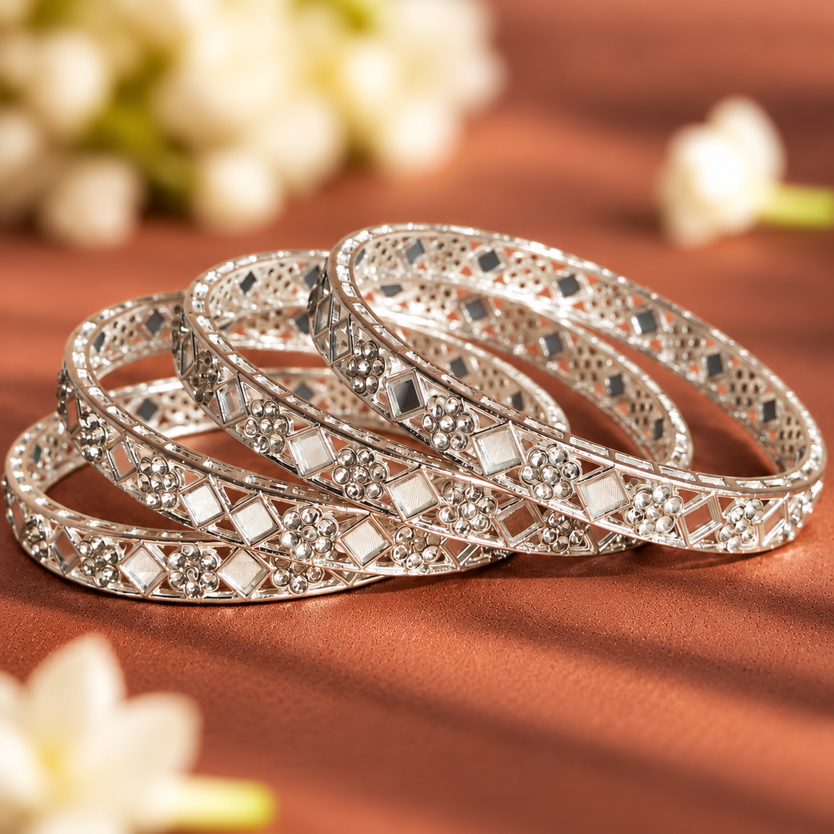 Premium Silver Plated Bangles with American Diamond Bangles Set - Set Of 4