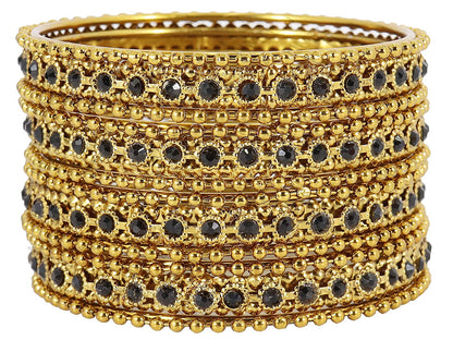 Gold Plated Black Zircon Ball Chain Bangles Set (Pack of 12)
