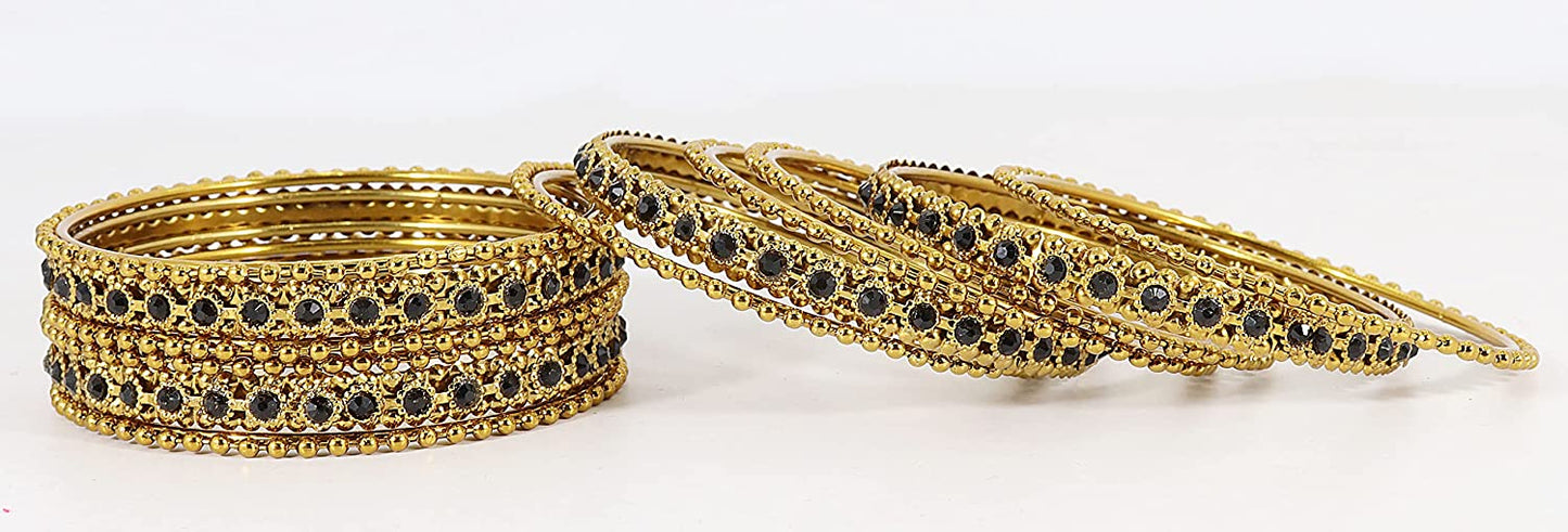 Gold Plated Black Zircon Ball Chain Bangles Set (Pack of 12)