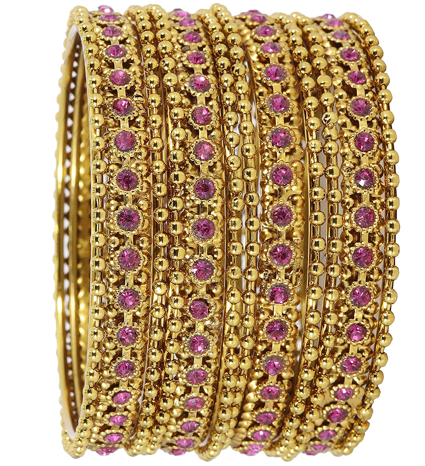Luxury Gold Finish Magenta Zircon Ballchain Bangles – Set of 12