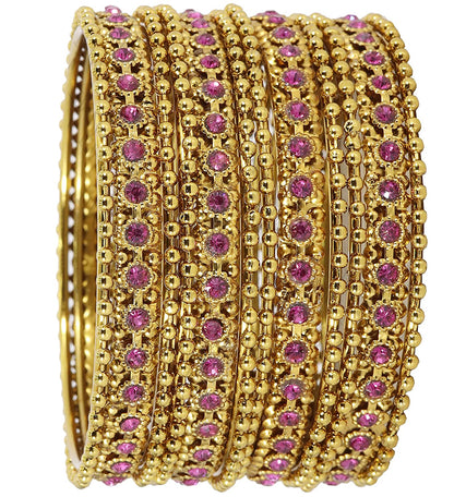 Luxury Gold Finish Magenta Zircon Ballchain Bangles – Set of 12