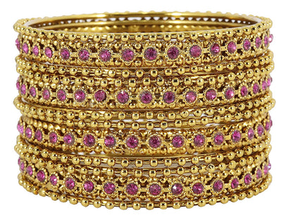 Luxury Gold Finish Magenta Zircon Ballchain Bangles – Set of 12