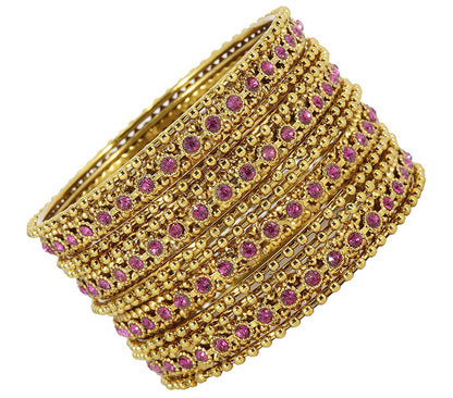 Luxury Gold Finish Magenta Zircon Ballchain Bangles – Set of 12