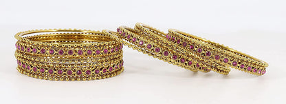 Luxury Gold Finish Magenta Zircon Ballchain Bangles – Set of 12