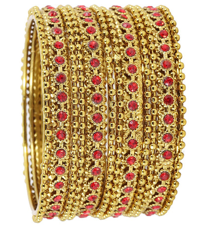 Gold Plated Red Zircon Ball Chain Bangles Set (Pack of 12)