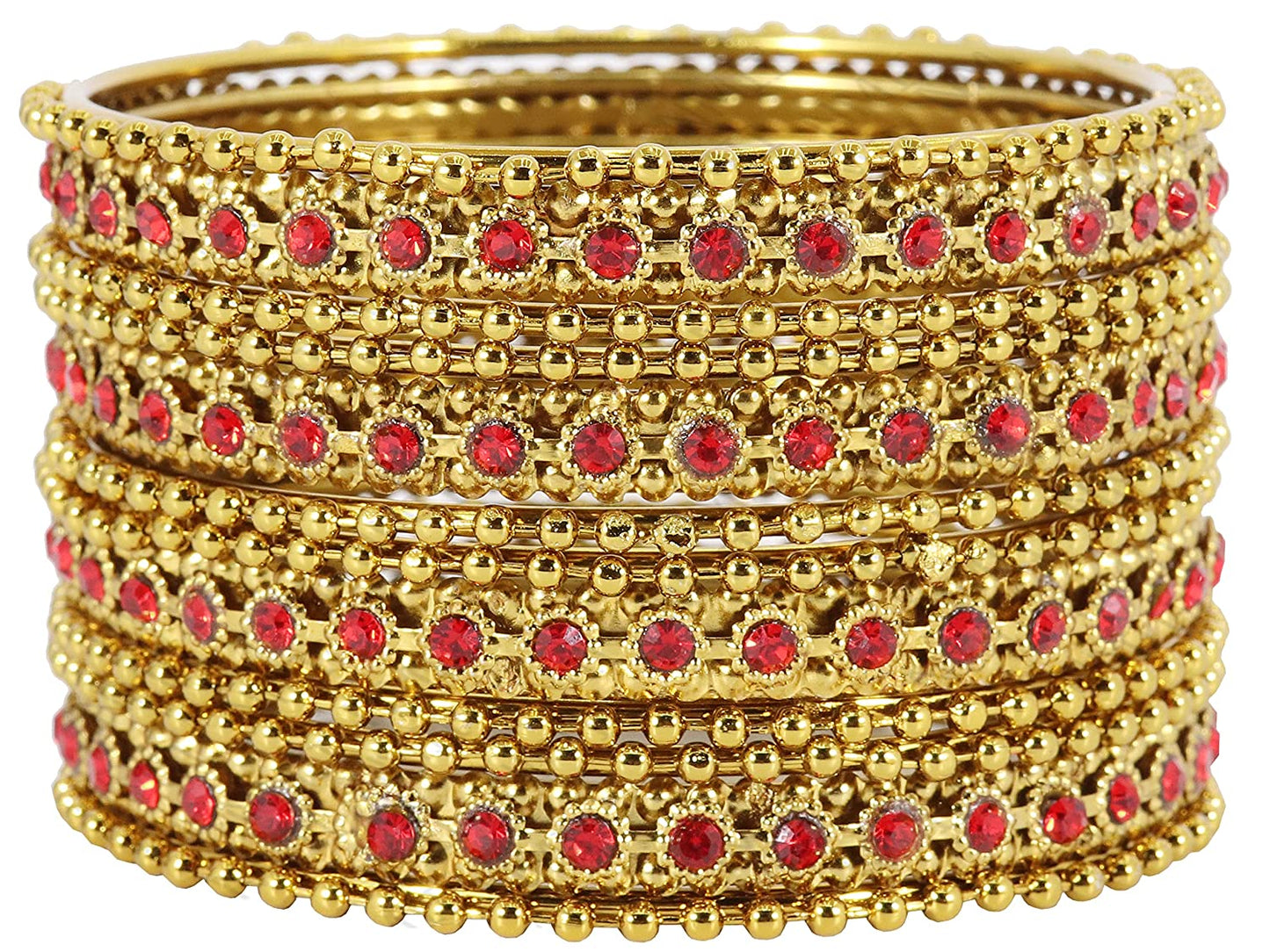 Gold Plated Red Zircon Ball Chain Bangles Set (Pack of 12)