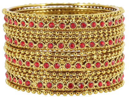 Gold Plated Red Zircon Ball Chain Bangles Set (Pack of 12)