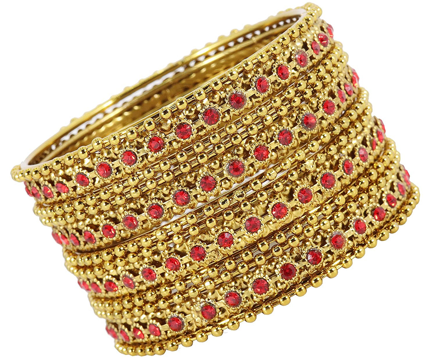 Gold Plated Red Zircon Ball Chain Bangles Set (Pack of 12)