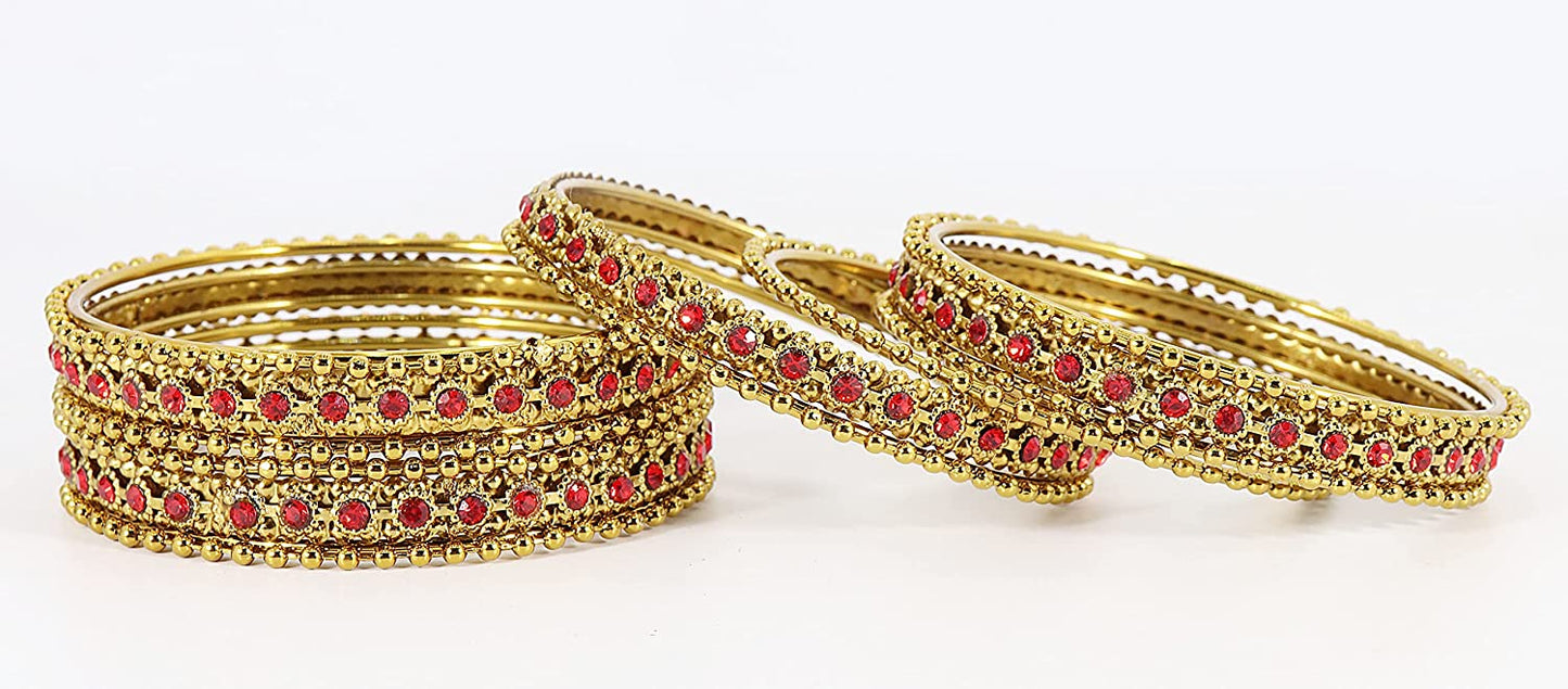 Gold Plated Red Zircon Ball Chain Bangles Set (Pack of 12)