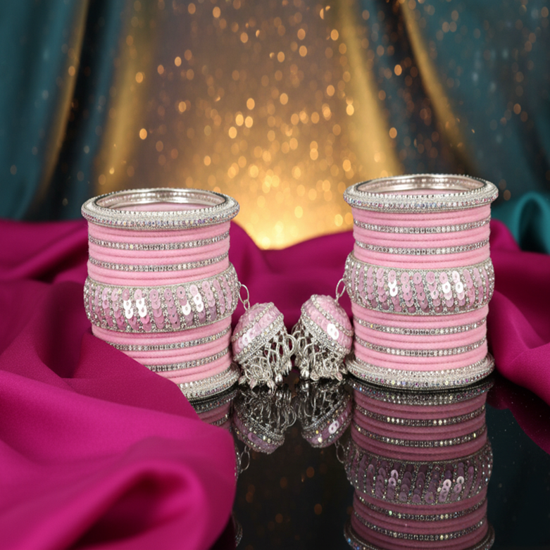 Blush Pink Velvet & Zircon Bridal Bangle Set with Latkan