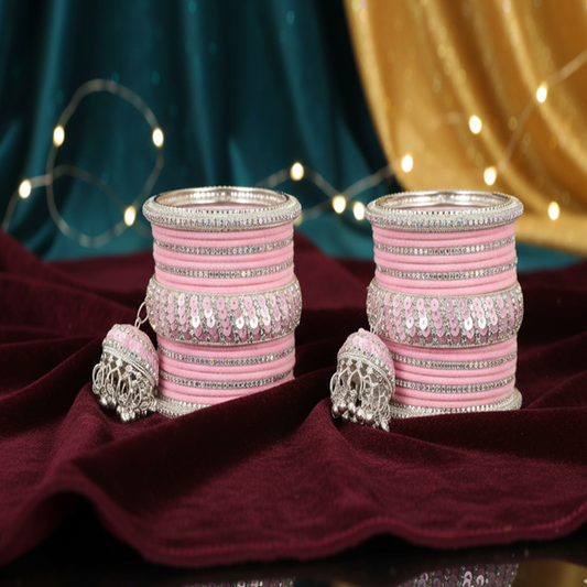 Blush Pink Velvet & Zircon Bridal Bangle Set with Latkan
