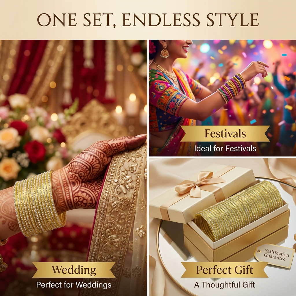 Fancy Golden Glass Bangles for Women & Girls  Pack of 36