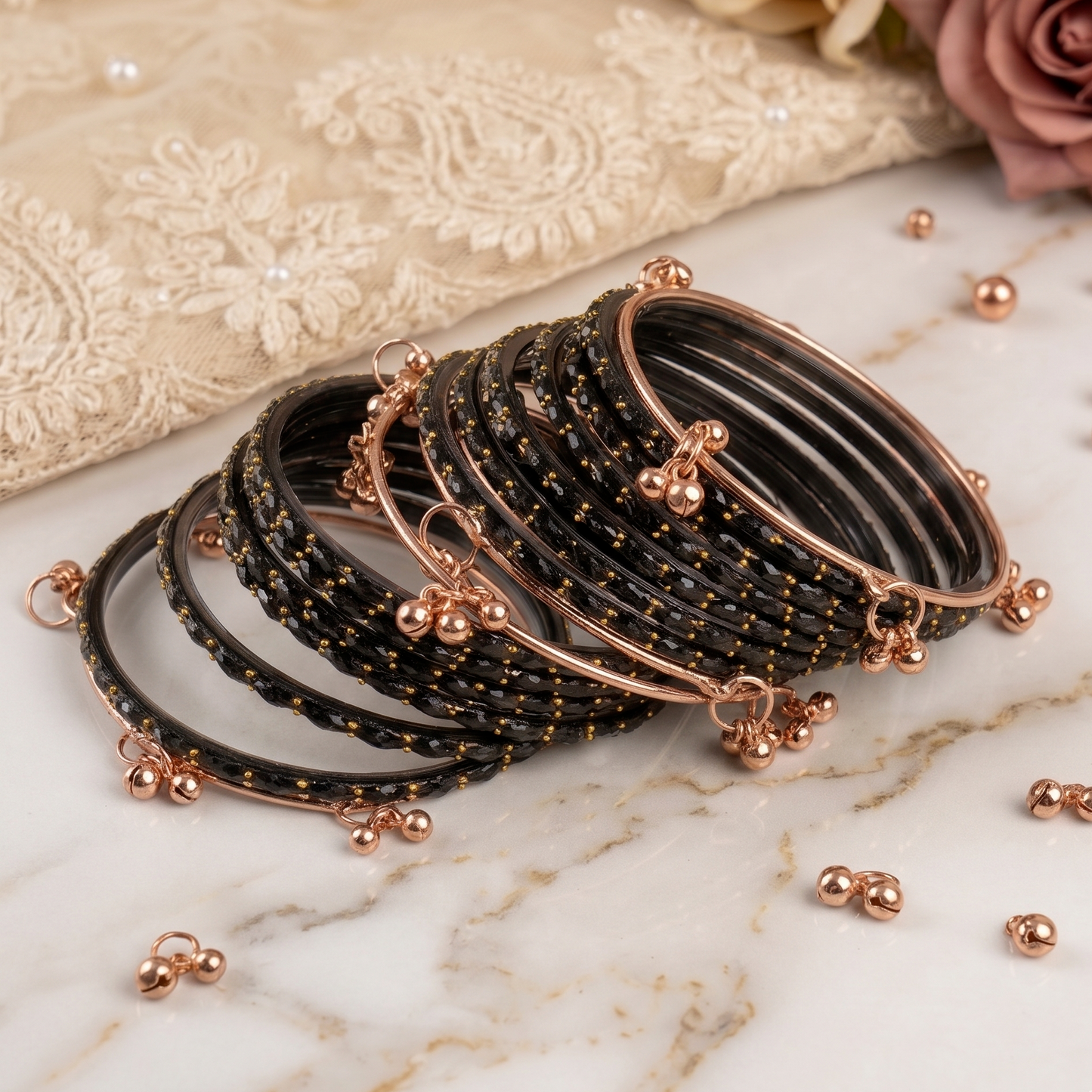 Trendy Glass Bangles With RoseGold Ghunghroo Set - Set Of 16