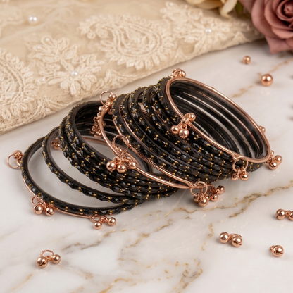 Trendy Glass Bangles With RoseGold Ghunghroo Set - Set Of 16