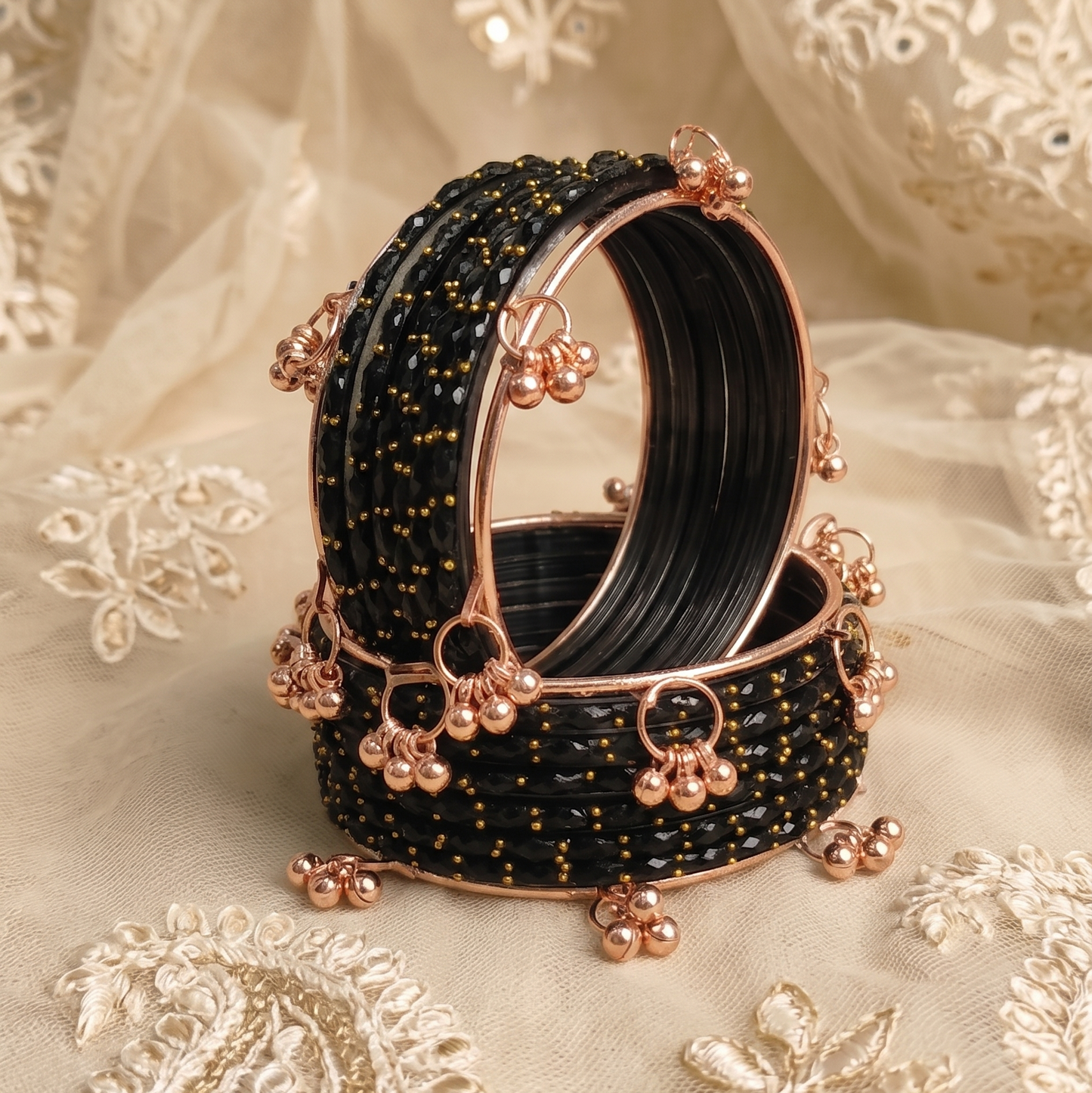 Trendy Glass Bangles With RoseGold Ghunghroo Set - Set Of 16