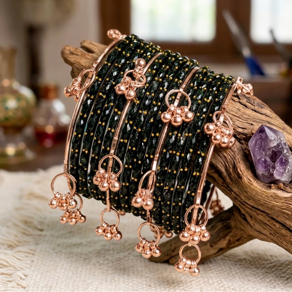 Trendy Glass Bangles With RoseGold Ghunghroo Set - Set Of 16