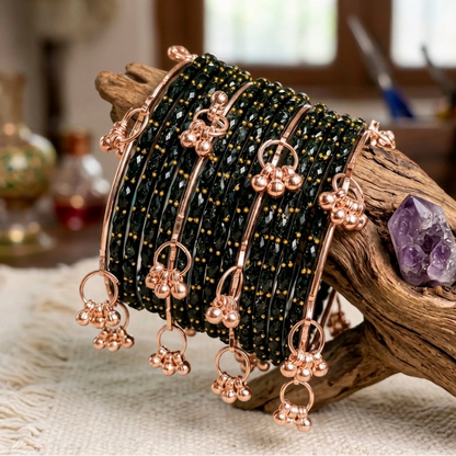 Trendy Glass Bangles With RoseGold Ghunghroo Set - Set Of 16