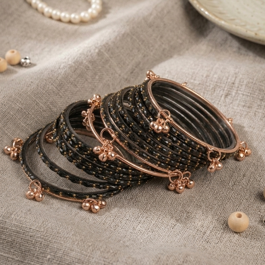 Trendy Glass Bangles With RoseGold Ghunghroo Set - Set Of 16