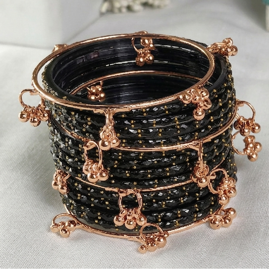 Trendy Glass Bangles With RoseGold Ghunghroo Set - Set Of 16