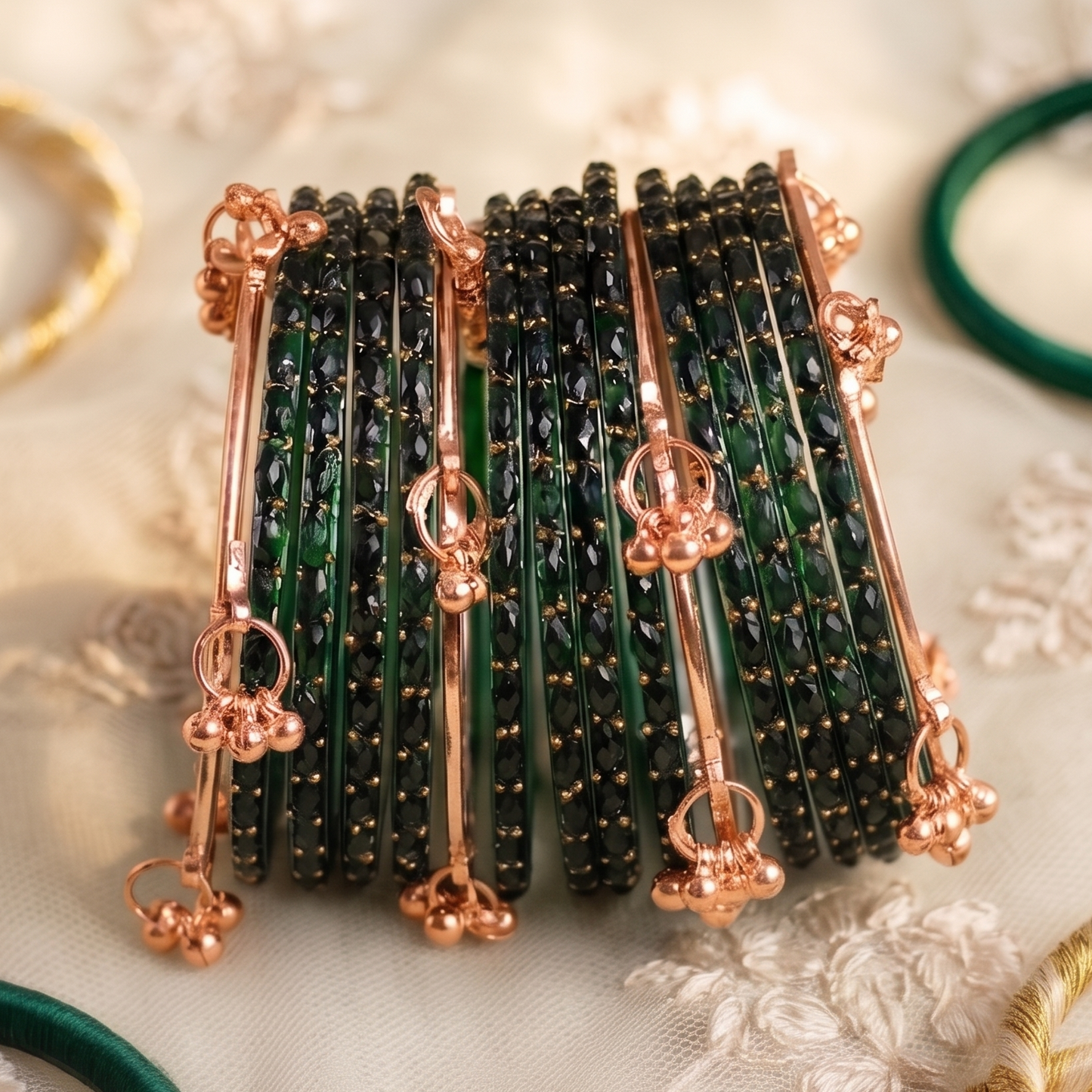 Trendy Glass Bangles With RoseGold Ghunghroo Set - Set Of 16
