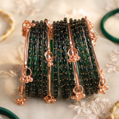 Trendy Glass Bangles With RoseGold Ghunghroo Set - Set Of 16