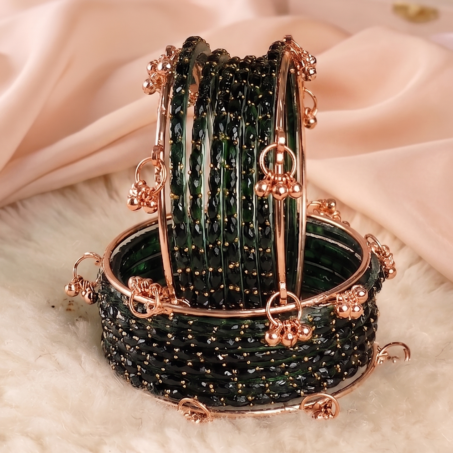 Trendy Glass Bangles With RoseGold Ghunghroo Set - Set Of 16