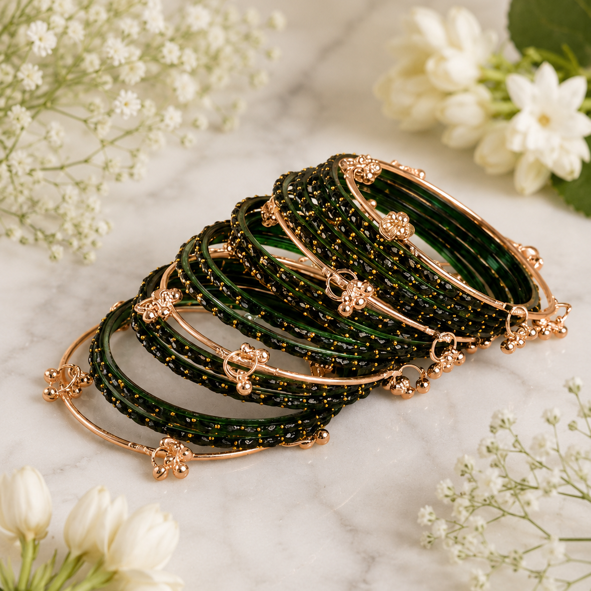 Trendy Glass Bangles With RoseGold Ghunghroo Set - Set Of 16