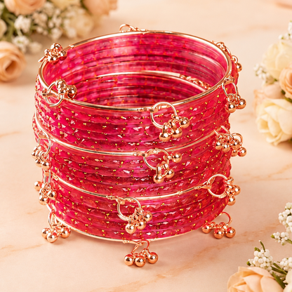 Trendy Glass Bangles With RoseGold Ghunghroo Set - Set Of 16