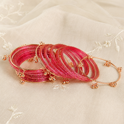 Trendy Glass Bangles With RoseGold Ghunghroo Set - Set Of 16