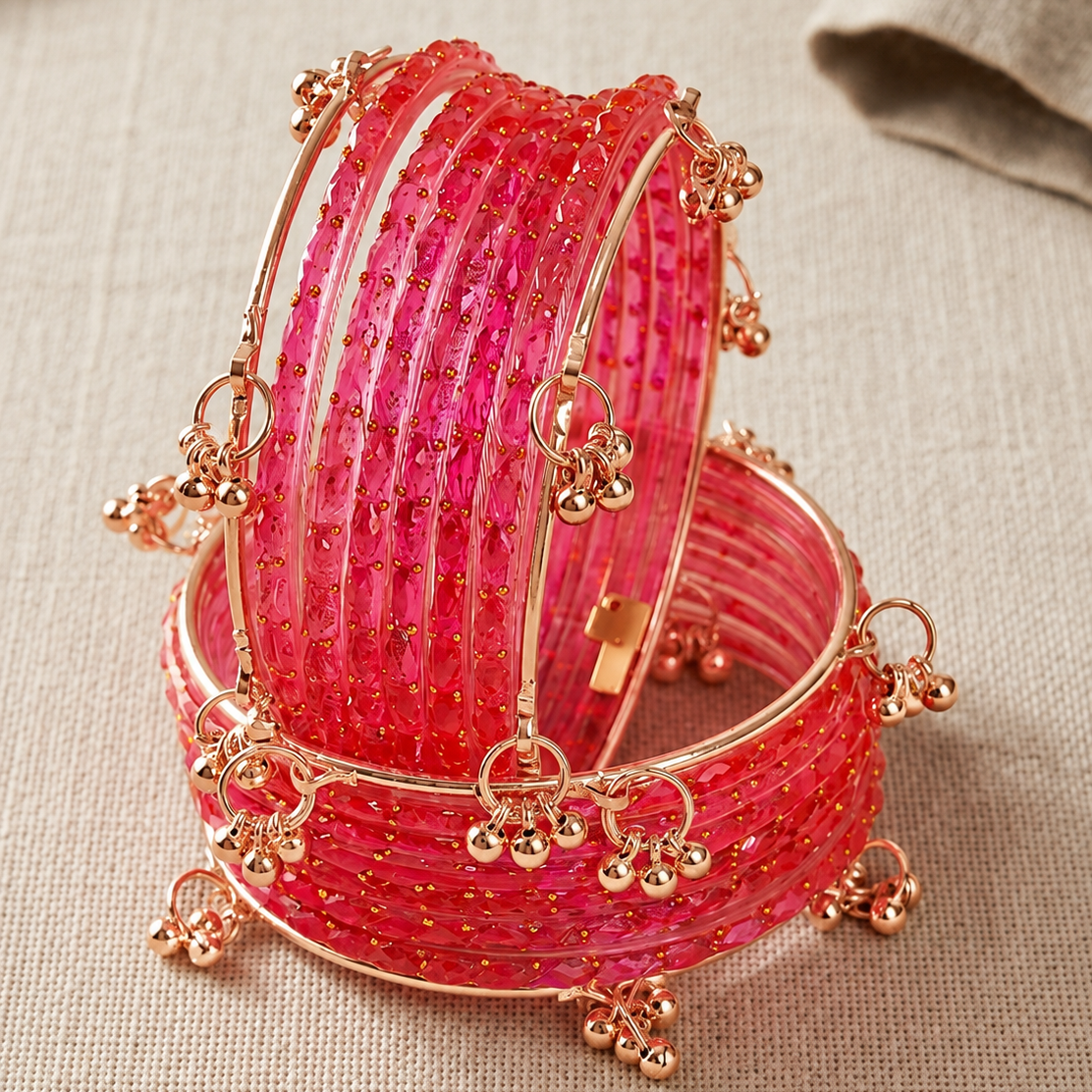 Trendy Glass Bangles With RoseGold Ghunghroo Set - Set Of 16