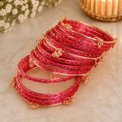 Trendy Glass Bangles With RoseGold Ghunghroo Set - Set Of 16