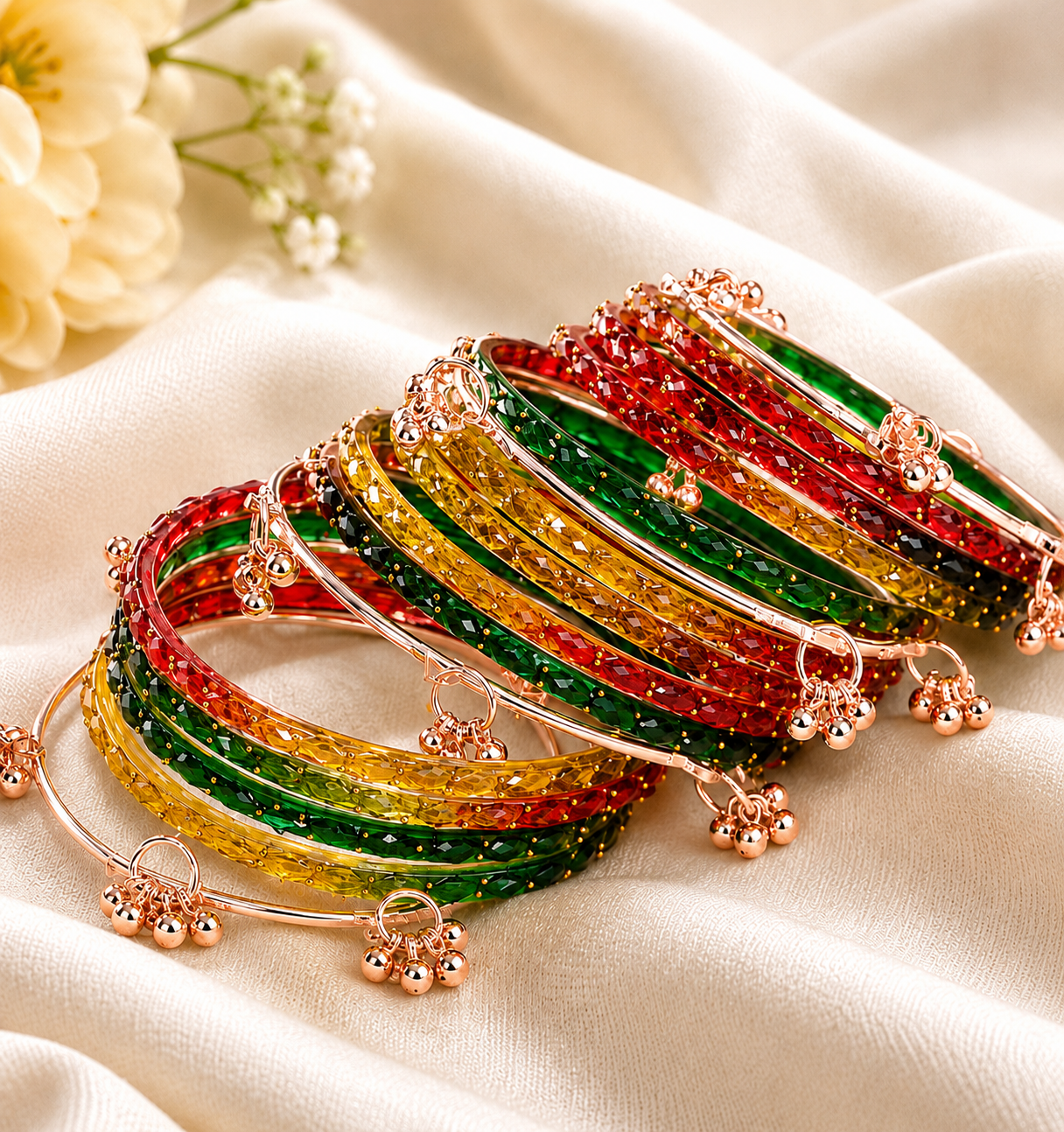 Trendy Glass Bangles With RoseGold Ghunghroo Set - Set Of 16