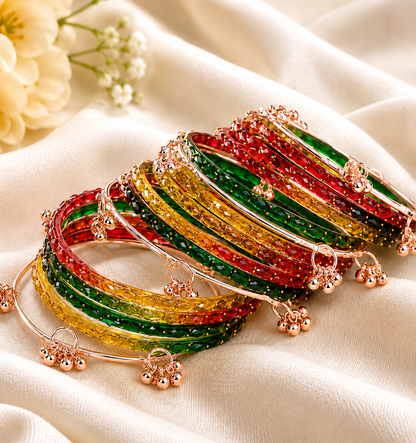 Trendy Glass Bangles With RoseGold Ghunghroo Set - Set Of 16