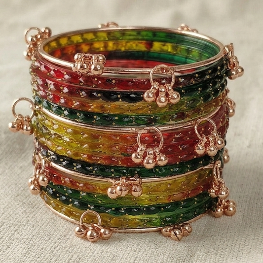 Trendy Glass Bangles With RoseGold Ghunghroo Set - Set Of 16