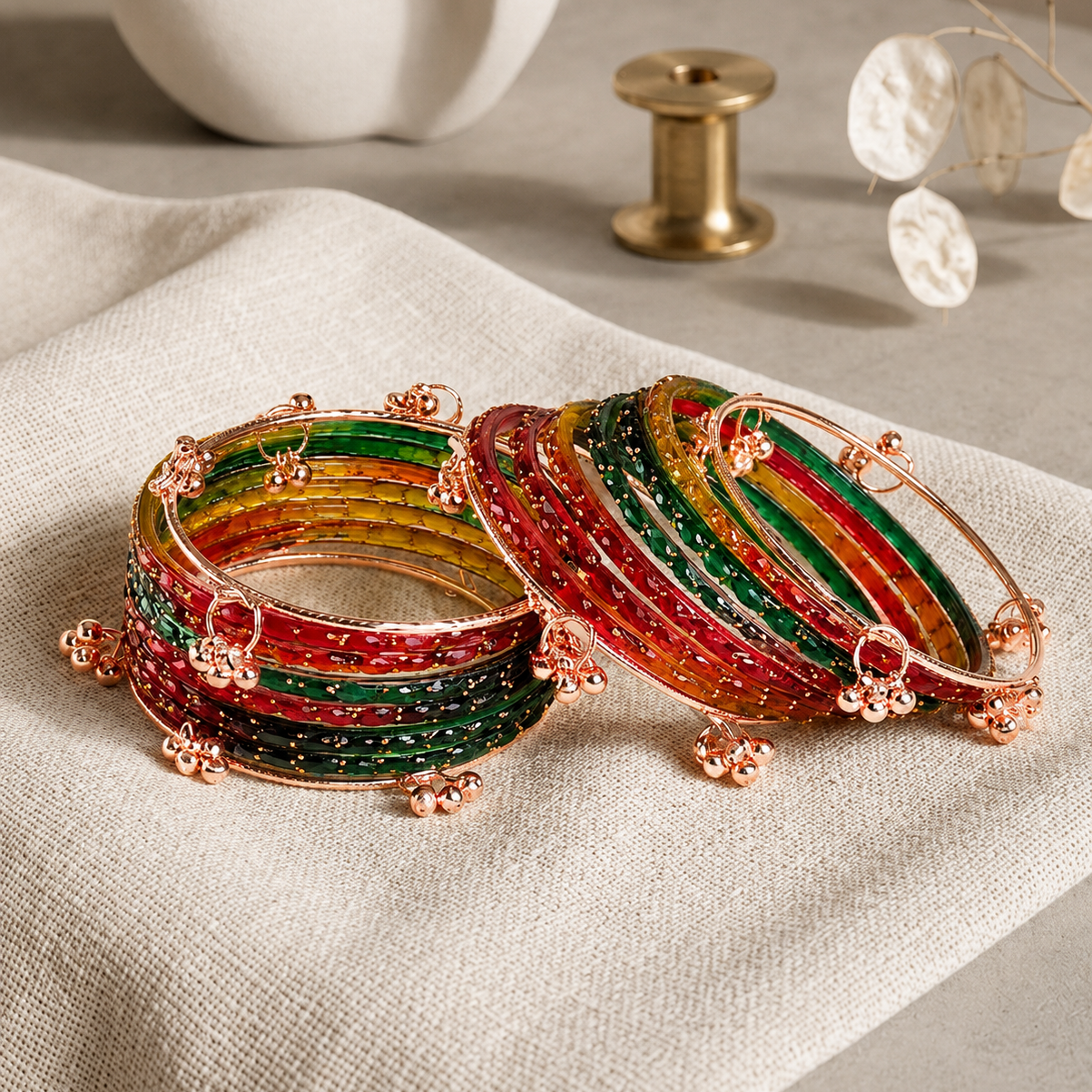 Trendy Glass Bangles With RoseGold Ghunghroo Set - Set Of 16
