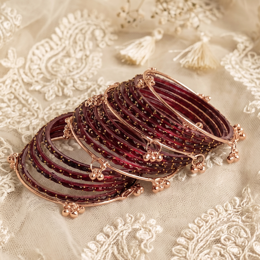 Trendy Glass Bangles With RoseGold Ghunghroo Set - Set Of 16