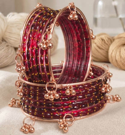 Trendy Glass Bangles With RoseGold Ghunghroo Set - Set Of 16