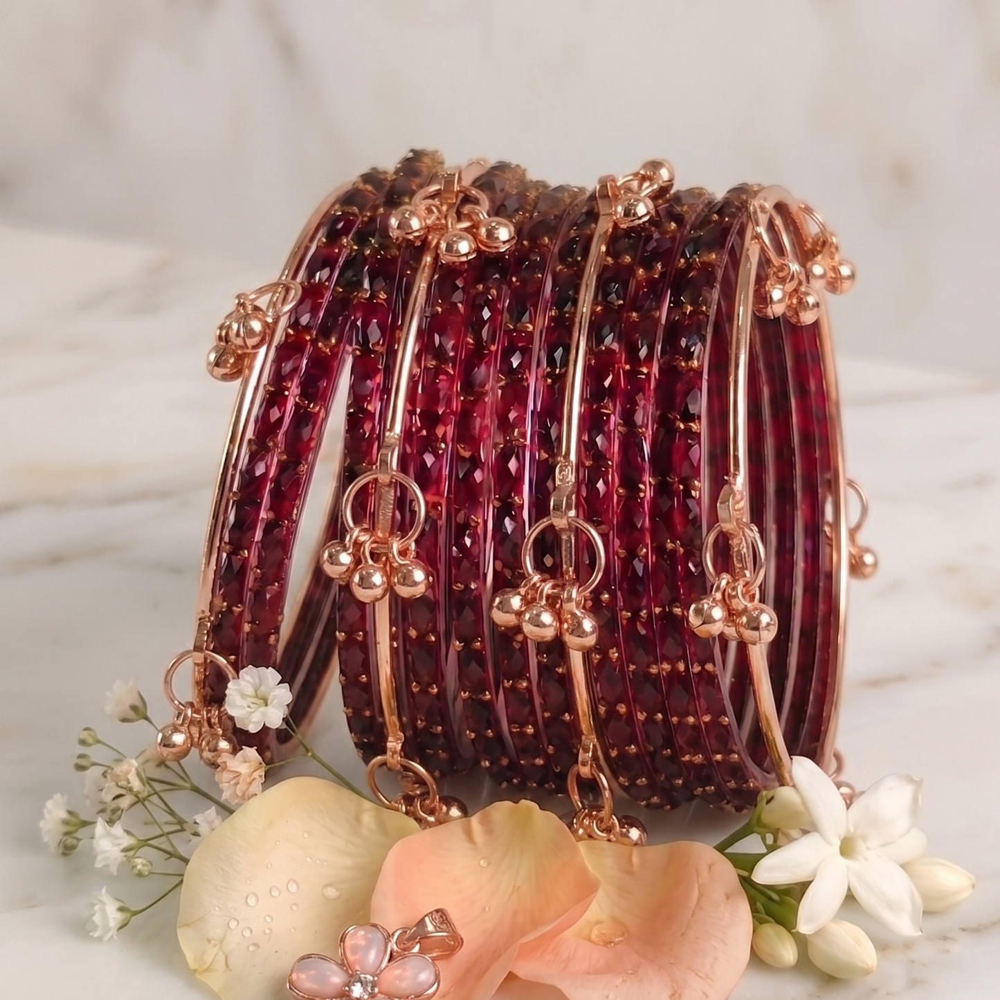 Trendy Glass Bangles With RoseGold Ghunghroo Set - Set Of 16