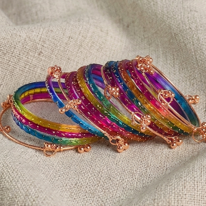Trendy Glass Bangles With RoseGold Ghunghroo Set - Set Of 16