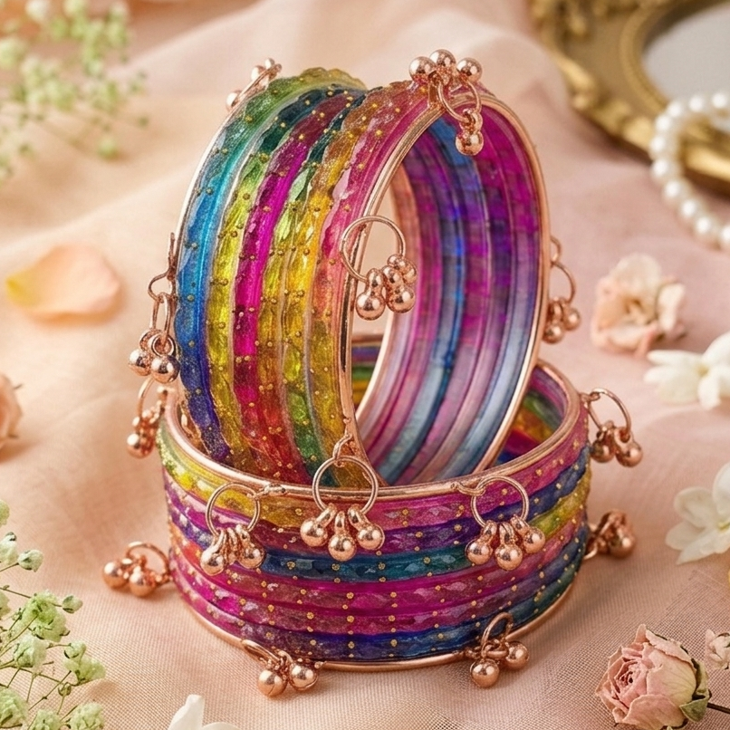 Trendy Glass Bangles With RoseGold Ghunghroo Set - Set Of 16
