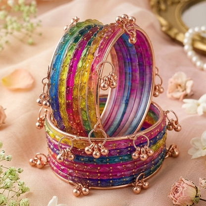 Trendy Glass Bangles With RoseGold Ghunghroo Set - Set Of 16