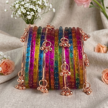 Trendy Glass Bangles With RoseGold Ghunghroo Set - Set Of 16