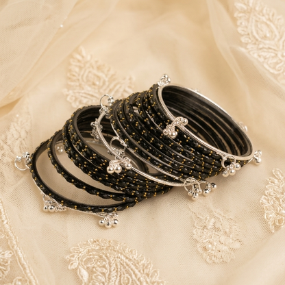 Trending Glass Bangle With Silver Ghunghroo Set For Women & Girls - Set Of 16