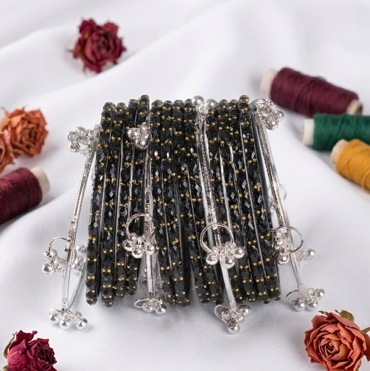 Trending Glass Bangle With Silver Ghunghroo Set For Women & Girls - Set Of 16