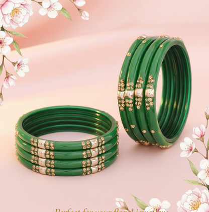 Set of 8 Green Glossy Bangles with Golden Floral Detailing
