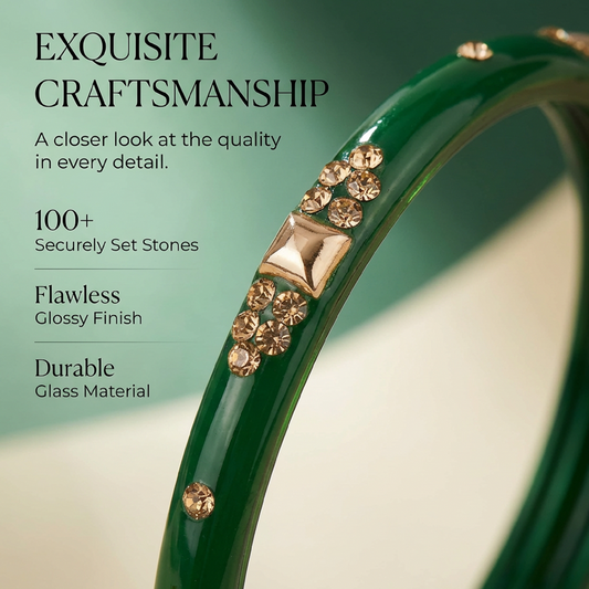 Set of 8 Green Glossy Bangles with Golden Floral Detailing